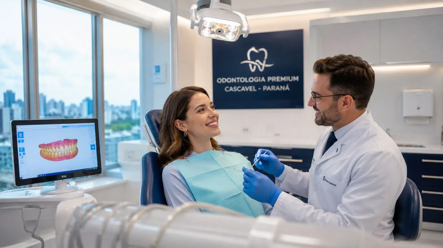 Dentista e paciente conversando em consultório sofisticado em Cascavel