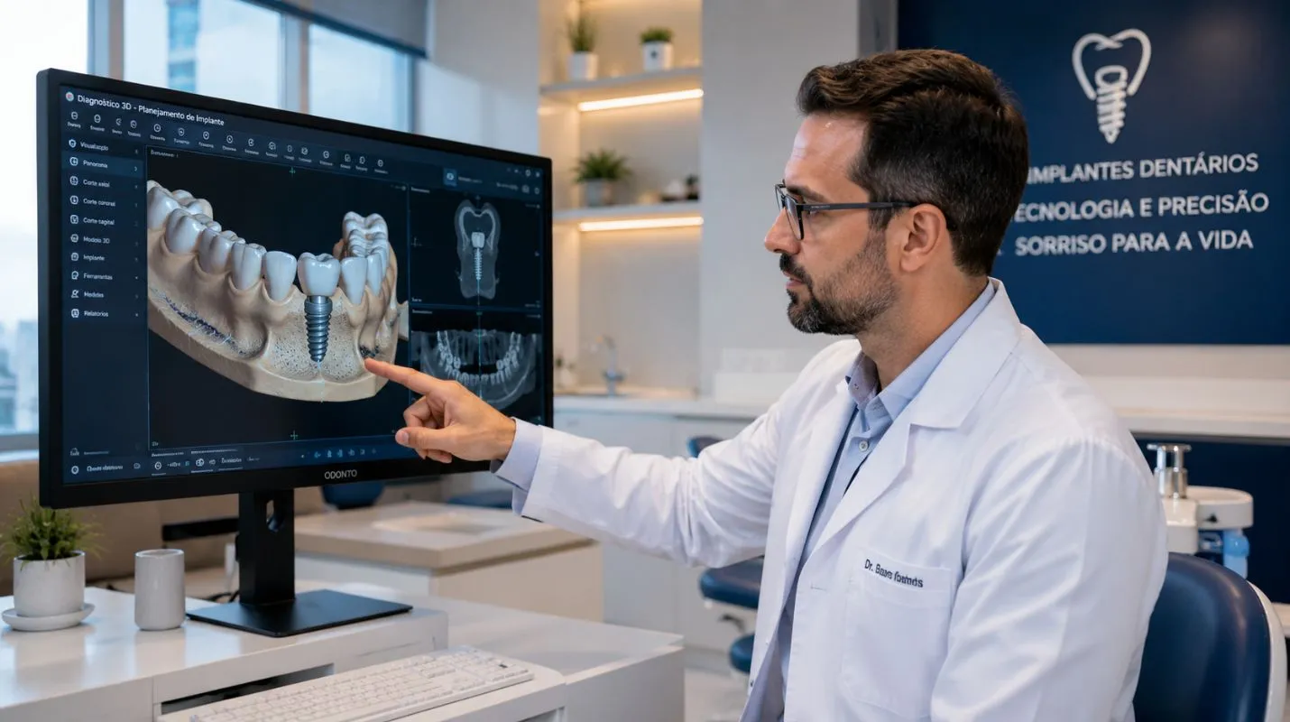 Dentista analisando imagens odontológicas em monitor de alta tecnologia